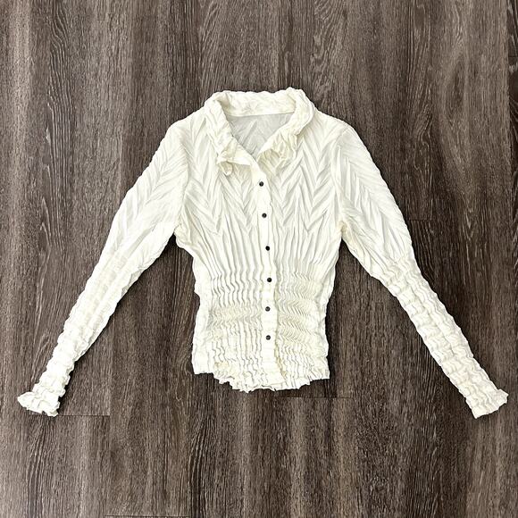 Babette Vintage Ivory Micropleat Button Front Top XS Long Sleeve Sculpted Blouse - Picture 1 of 16